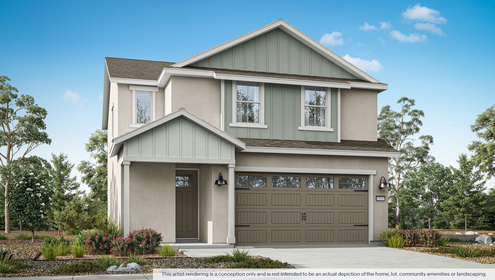 Exterior rendering of a two story Farmhouse style home.