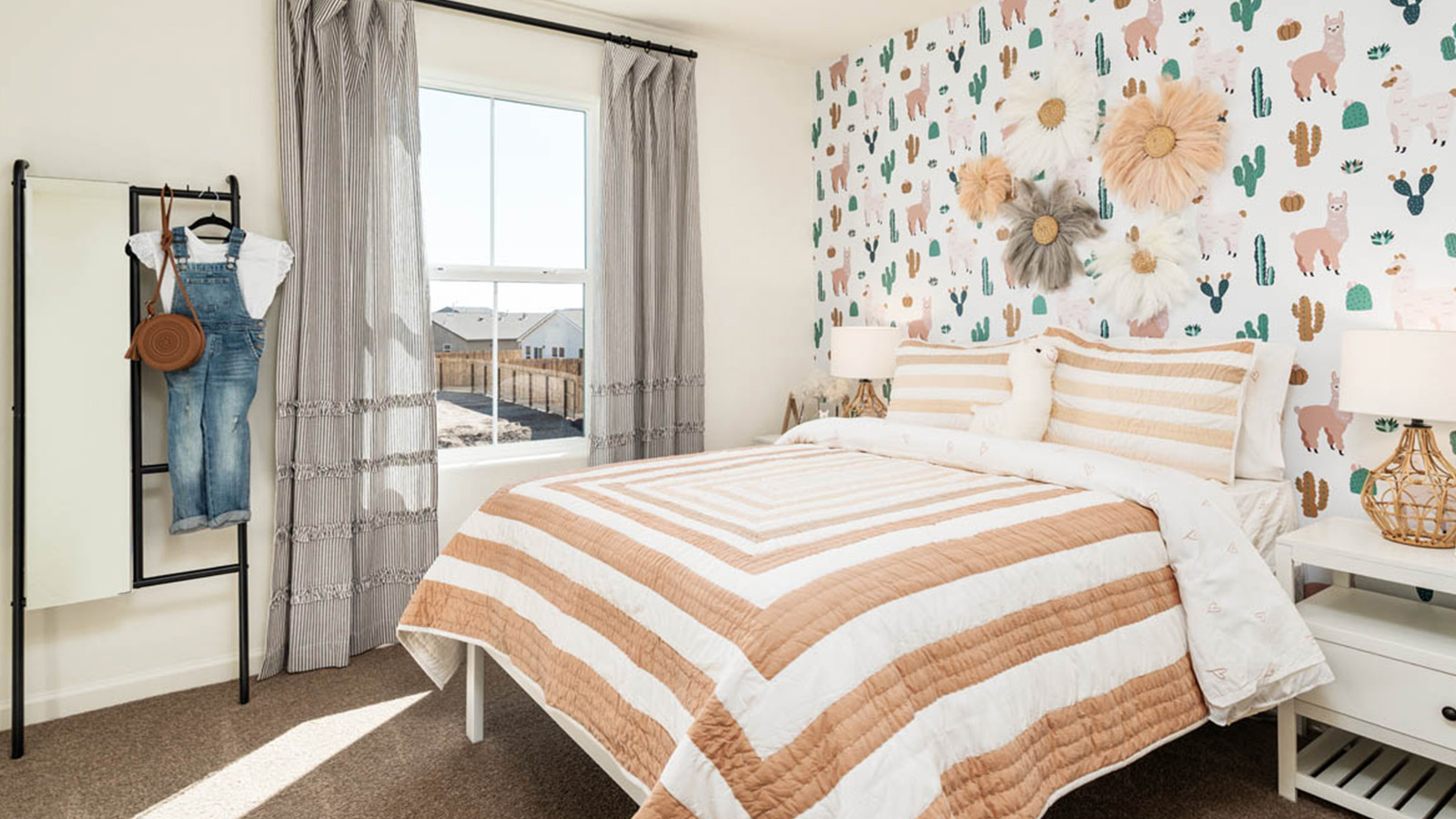 Bedroom with a character accent wall.