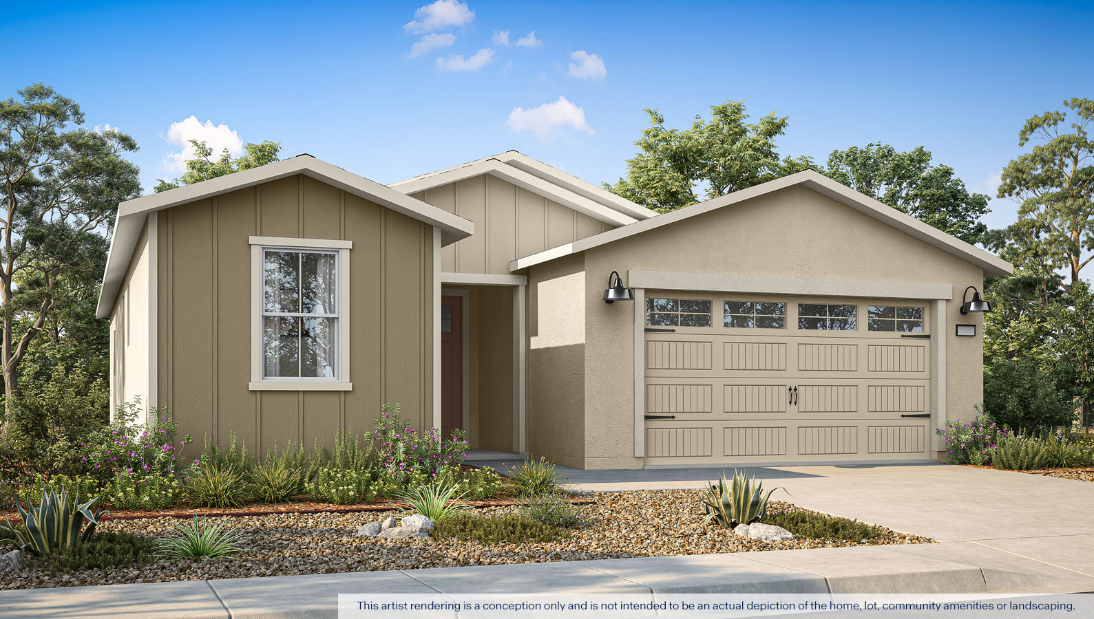 Exterior rendering of a one story Farmhouse style home.