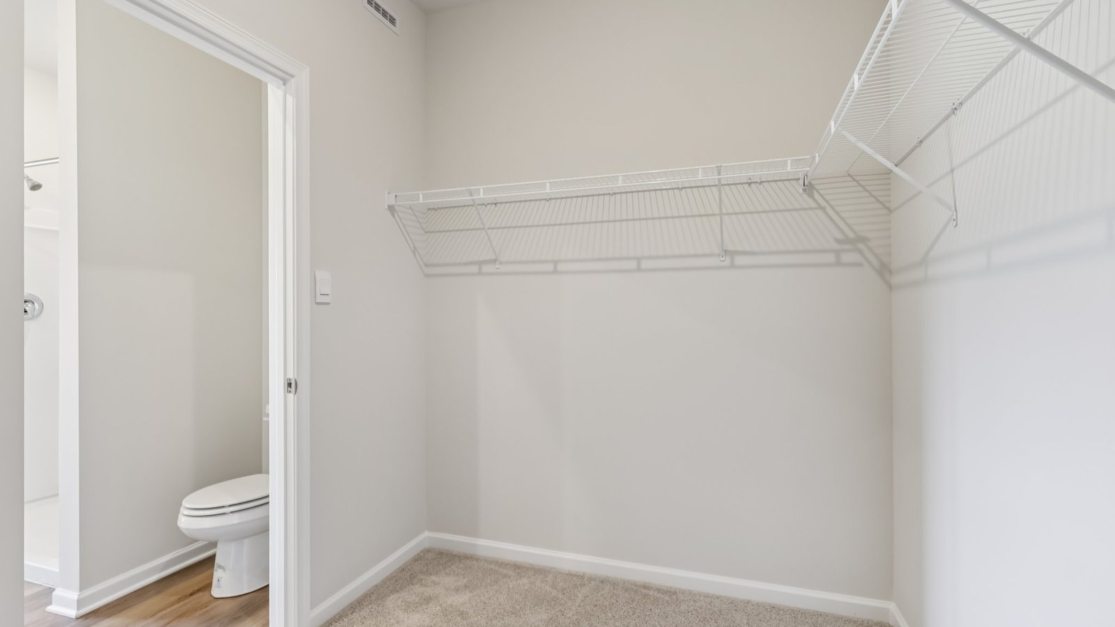 Primary ensuite walk-in closet from bathroom
