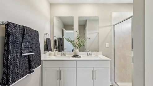 Primary ensuite bath with hinged shower glass door to walk-in shower