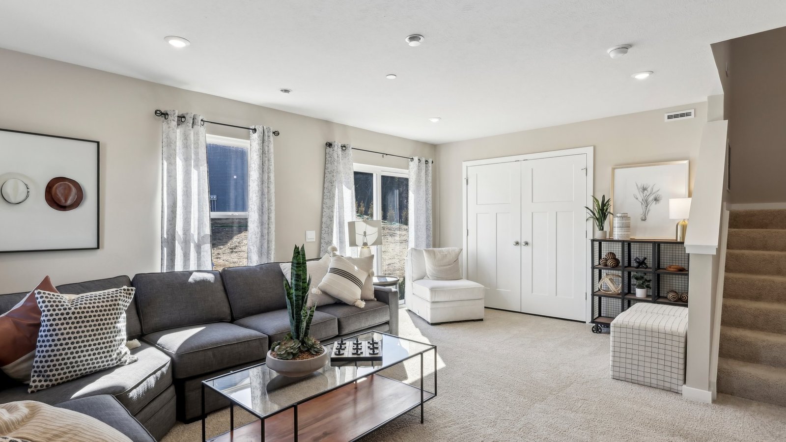 Finished basement with sliding glass door