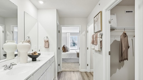 primary en suite bathroom with dual vanity
