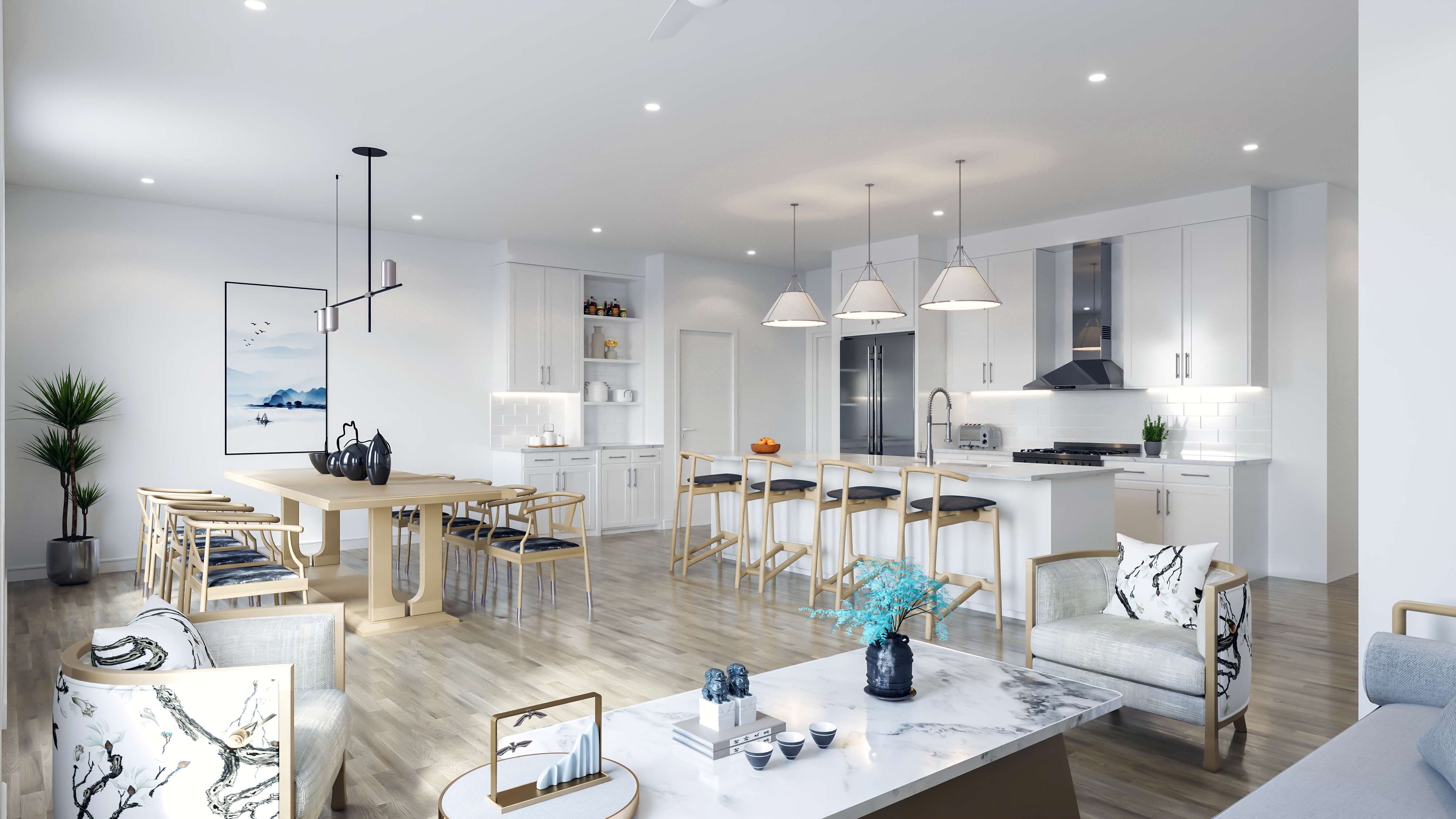 rendered main level living room, kitchen, and dining area