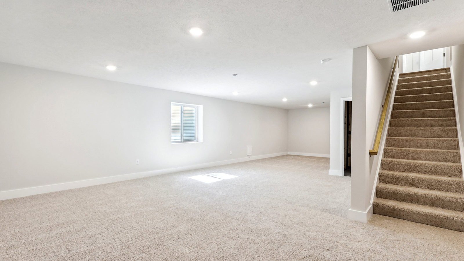 Finished lower level with light tan carpet