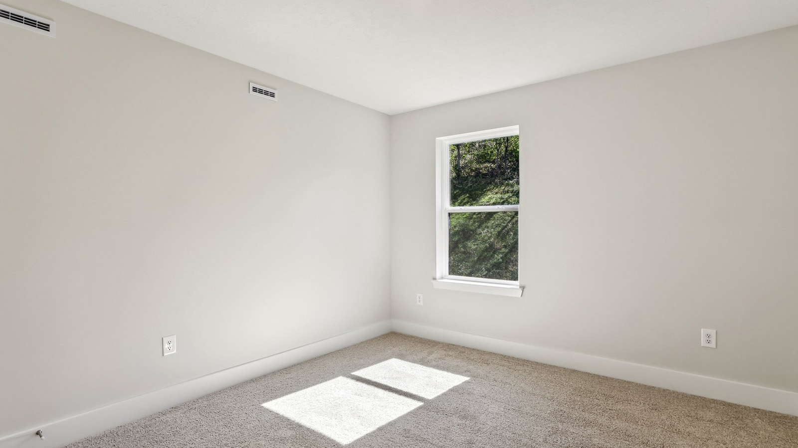 Secondary bedroom with light tan carpet and one window