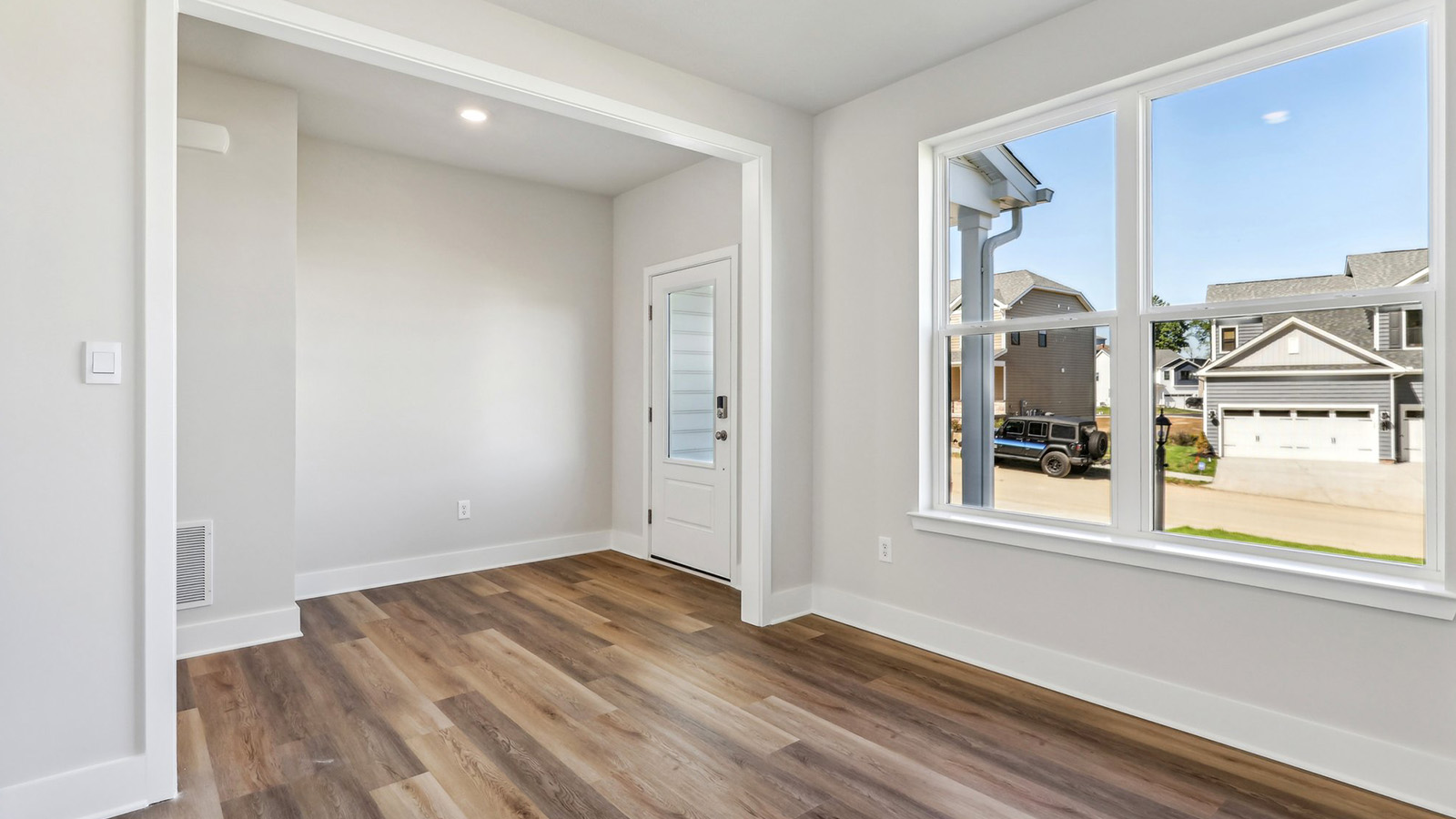 First level flex space with large windows