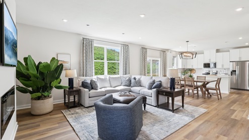 Open main level with living room and kitchen
