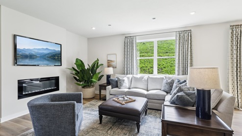 Main level living room with electric fireplace