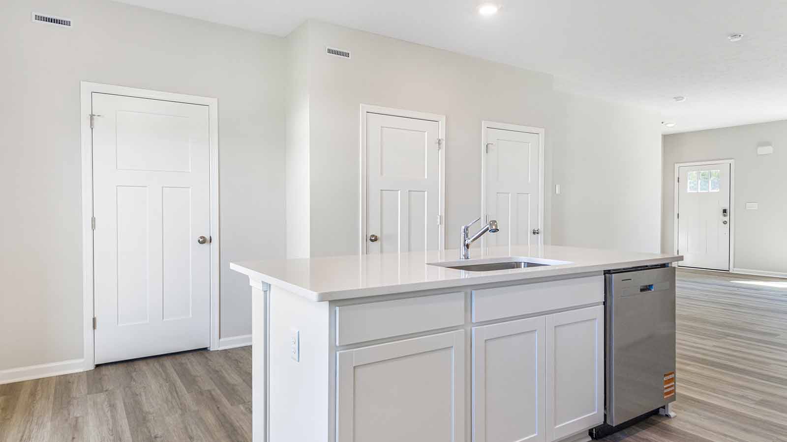kitchen island and dining area