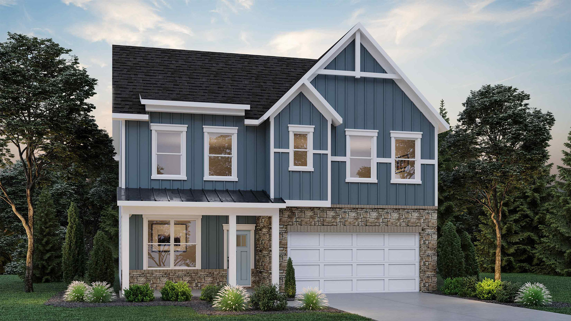 Exterior of Hanover floor plan rendering, two-story single family home with a porch and a two-car garage.