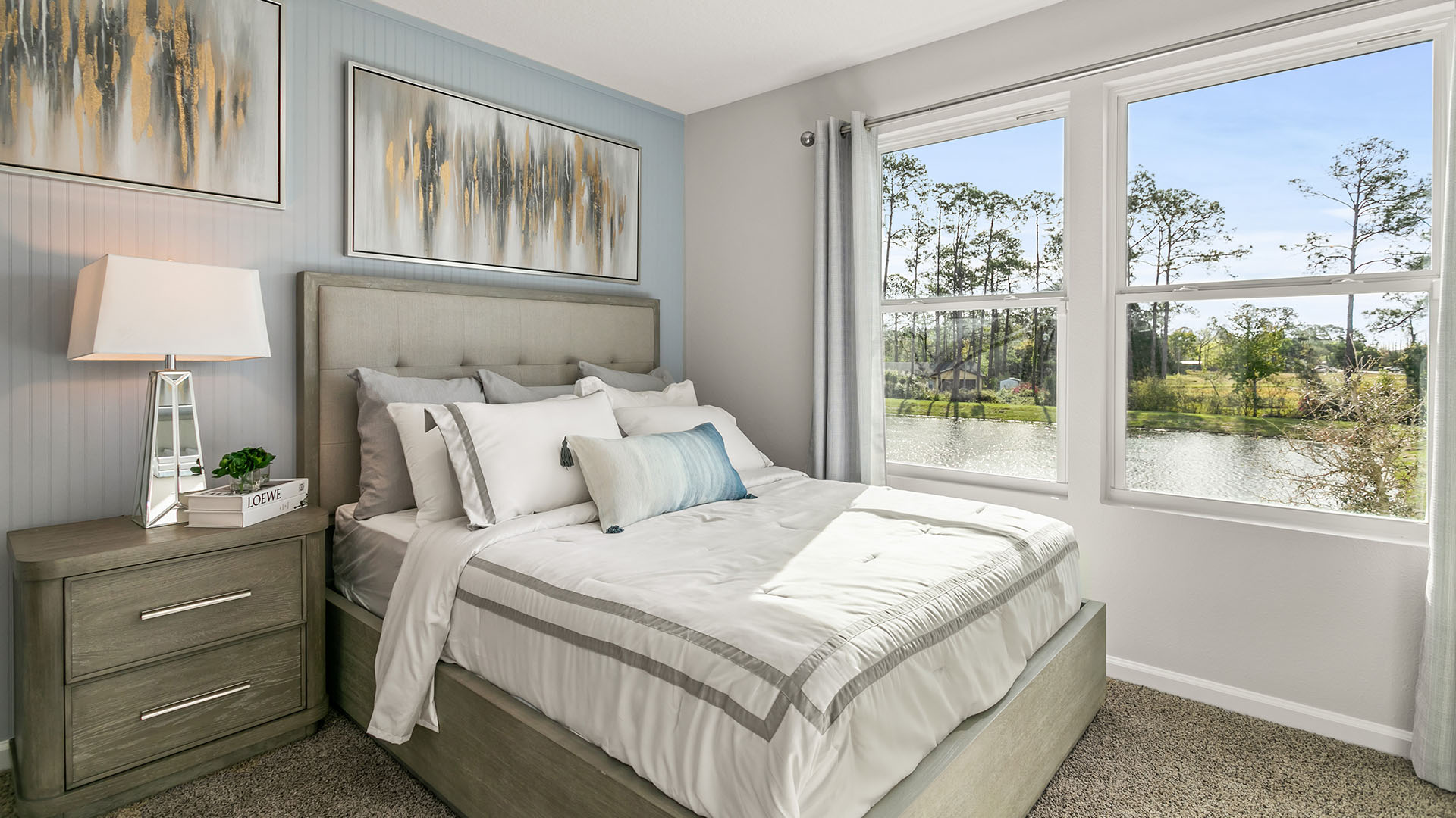 Interior bedroom with decor and two windows