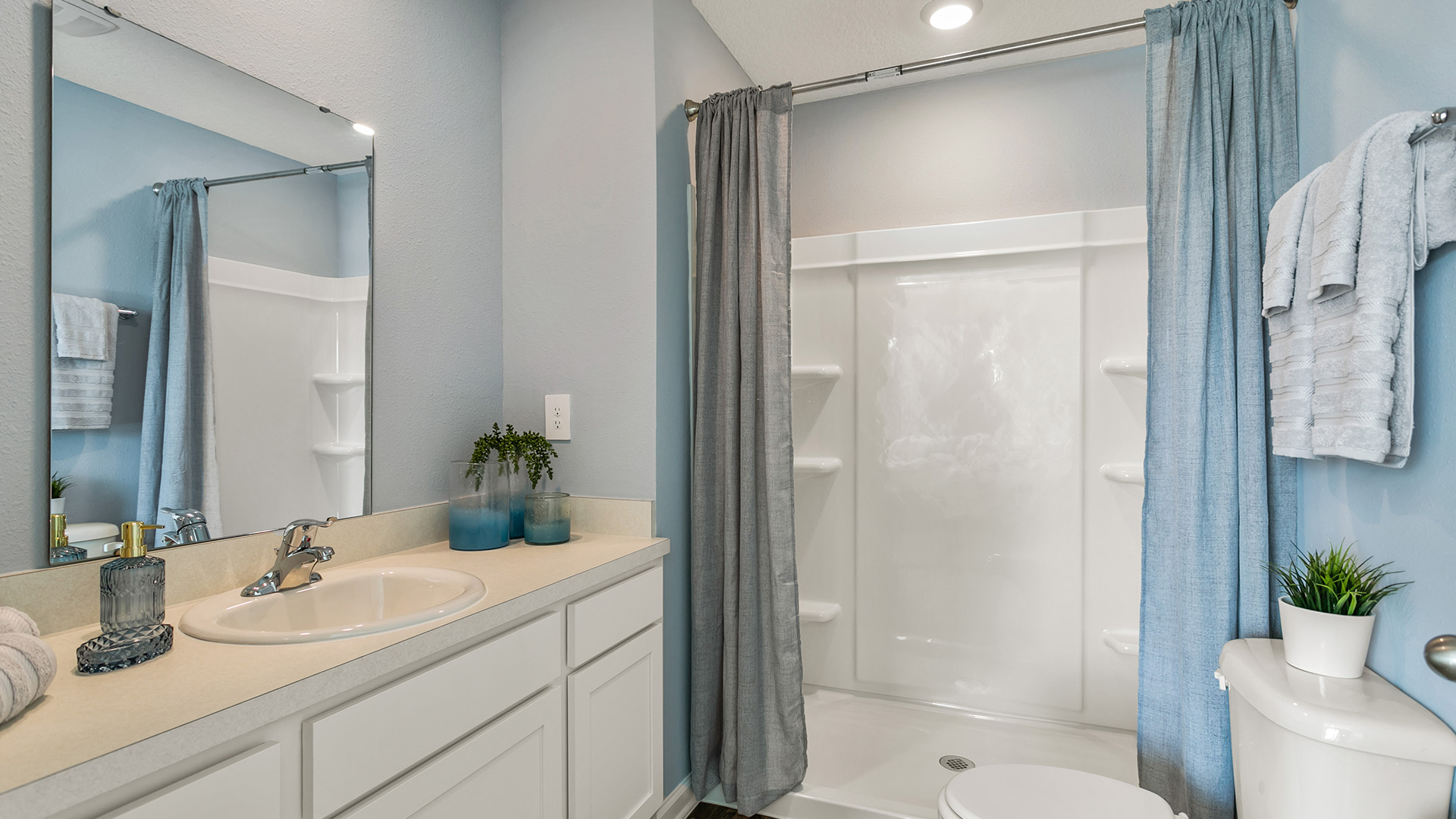 Interior bathroom with decor and stand up shower