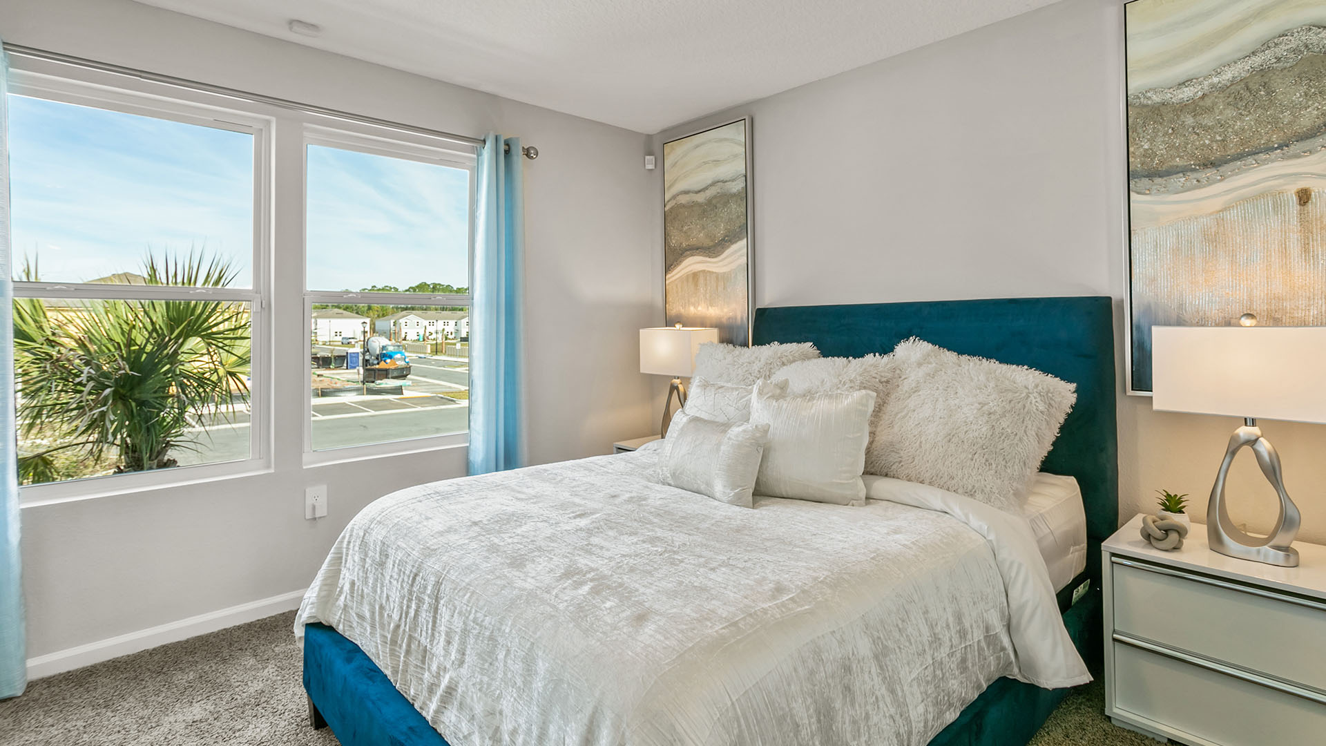 Interior bedroom with large windows