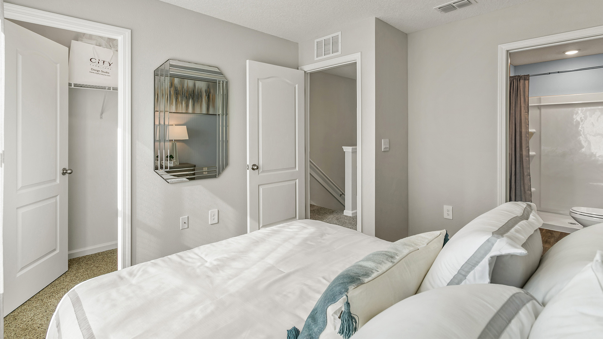 Interior bedroom with bathroom door