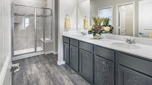 primary bathroom with elongated vanity and mirror overlooking shower