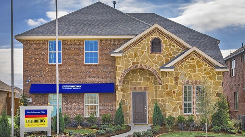 two story model home with brock and stone