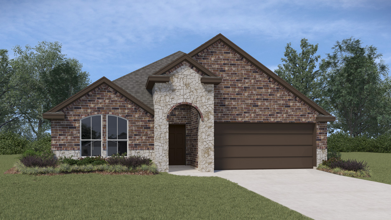 Single story elevation rendering of gray brick home