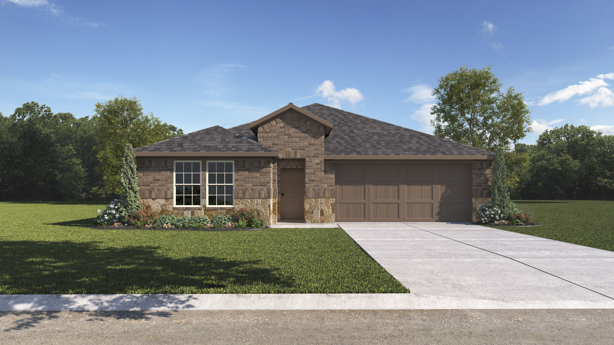 single story home rendering with 2 car garage