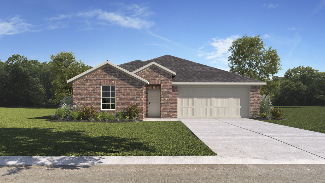 single story house rendering with 2 car garage