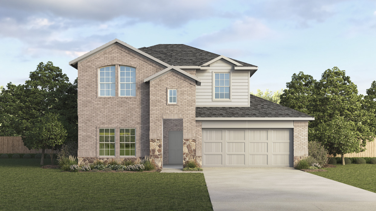 rendering of two story home with brick exterior and large windows facing the front yard