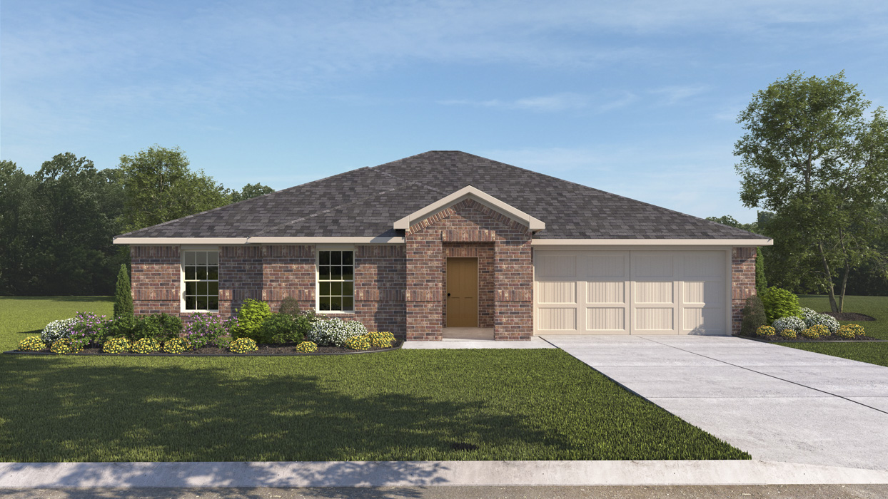 single story house rendering with 2 car garage