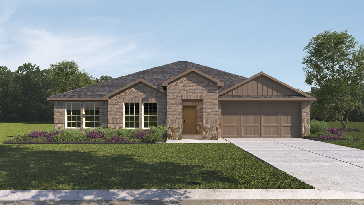 single story house rendering with 2 car garage