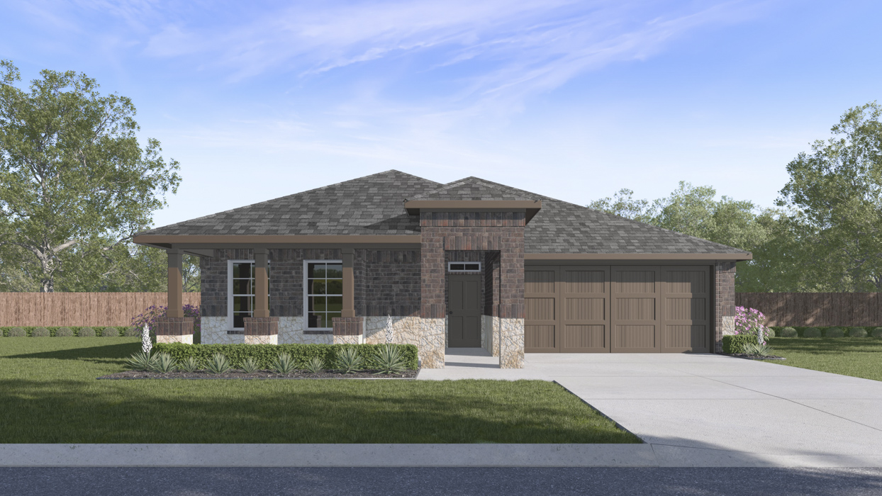 Rendering of one story home with dark exterior