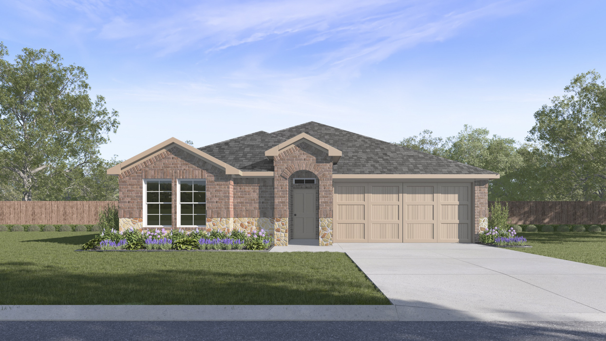 Rendering of one story home with dark exterior
