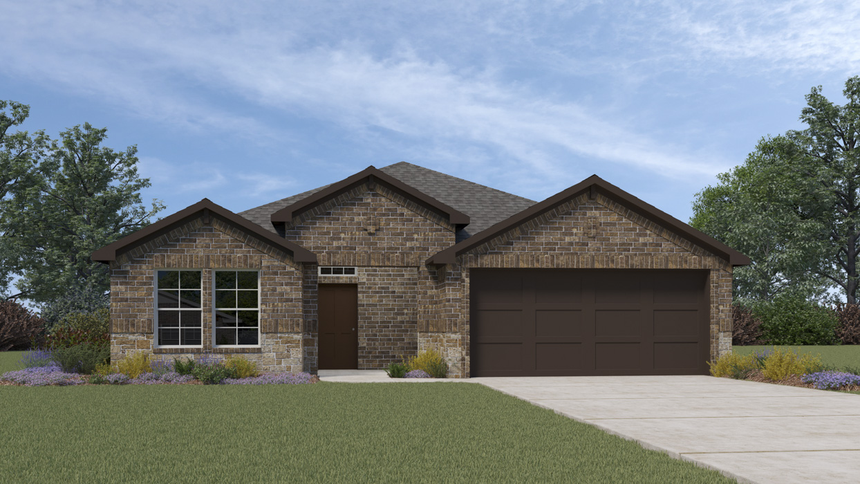 Rendering of one story home with dark colored brick and large front yard with two car garage and driveway