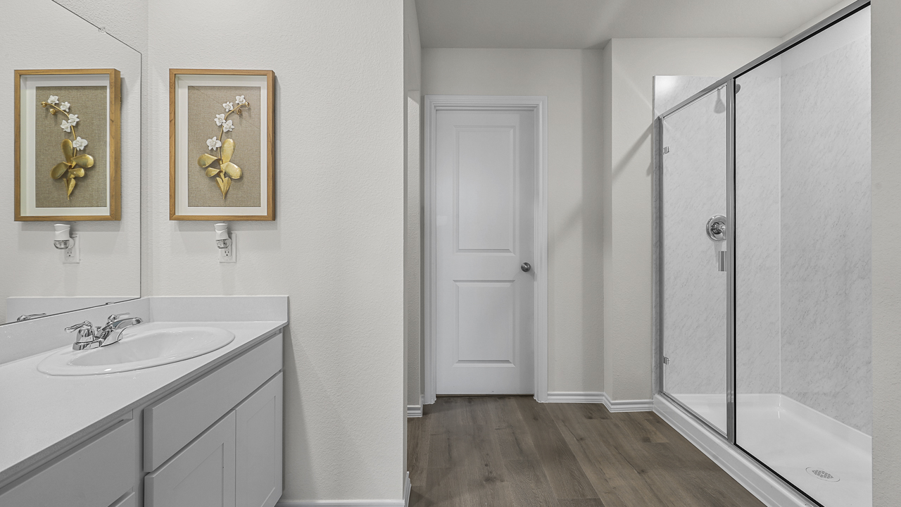 primary bathroom with large walkin shower and elongated vanity