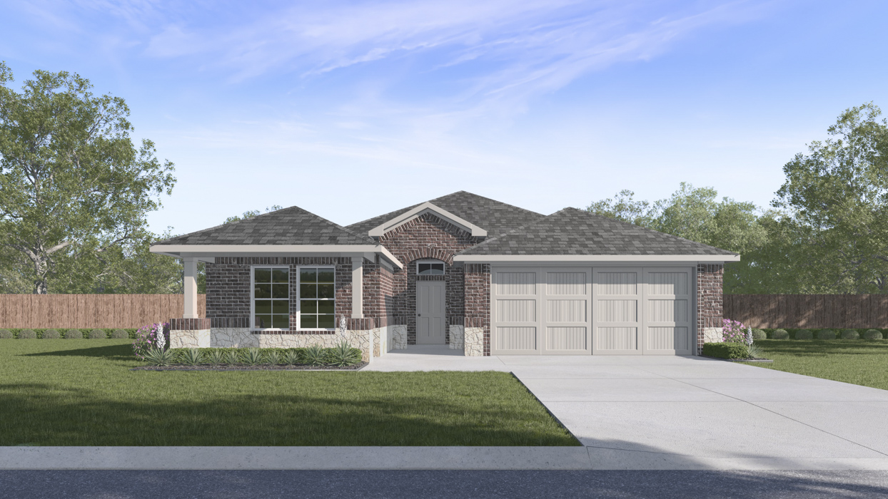 Rendering of one story with light colored brick large front yard and two car garage