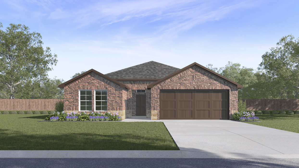 Rendering of one story with light colored brick large front yard and two car garage