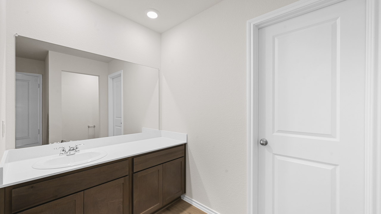 elongated vanity with sink and walk in closet