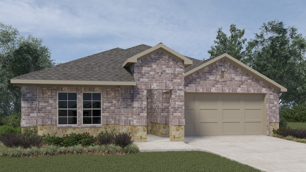 Floorplan rendering of one story home with brick exterior light colored accents and large front yard with two car garage and driveway