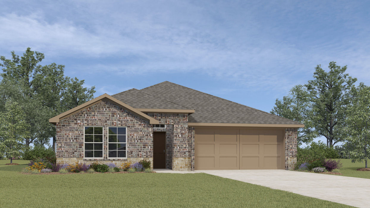 Rendering of one store home with light colored exterior large front yard and two car garage