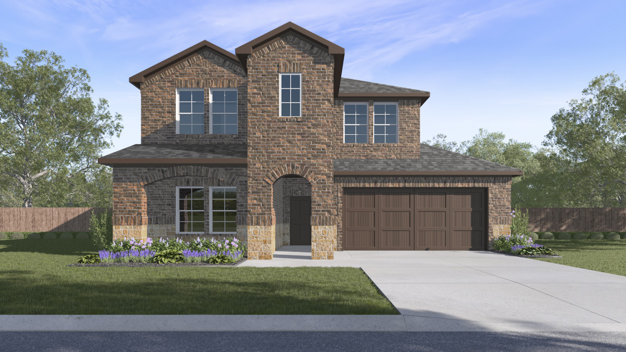 Rendering of two story with brick exterior and large windows facing the front yard