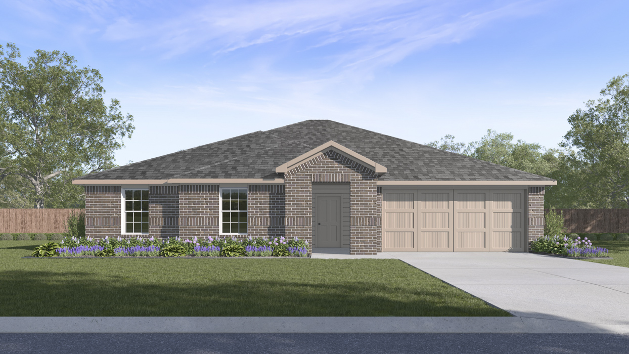 rendering of one story home with brick exterior and large windows facing the front yard with middle entry to the home