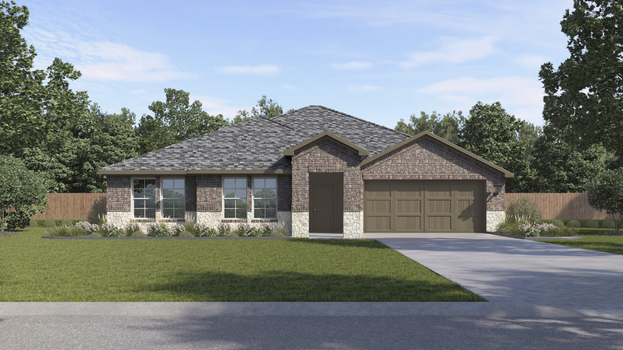 rendering of one story home with brick exterior large windows facing the front yard with middle entrance to the home