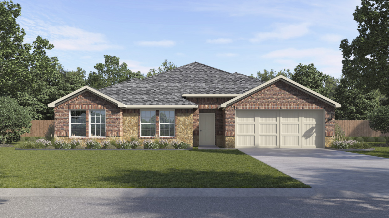 rendering of one story home with brick exterior and large windows facing the front yard