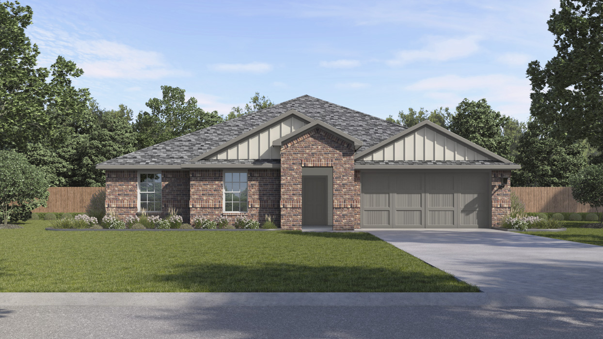 rendering of one story home with brick exterior with large windows facing the front yard and middle entrance to the home