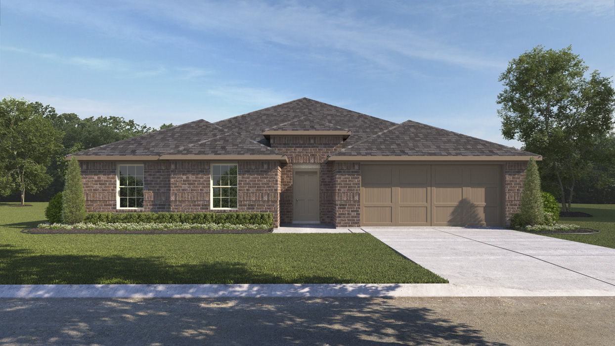 rendering of one story home with brick exterior and large windows facing the front yard with middle entry to the home