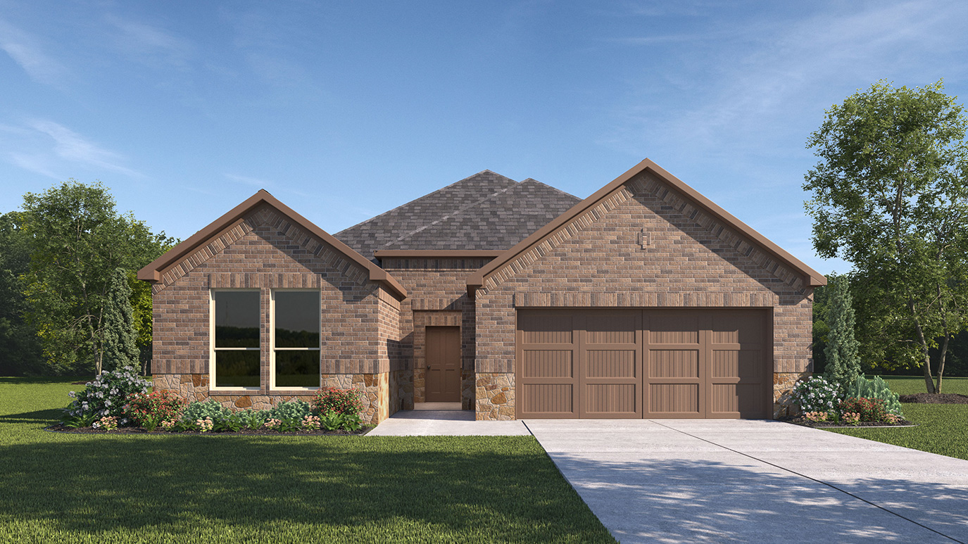 single story home rendering with 2 car garage
