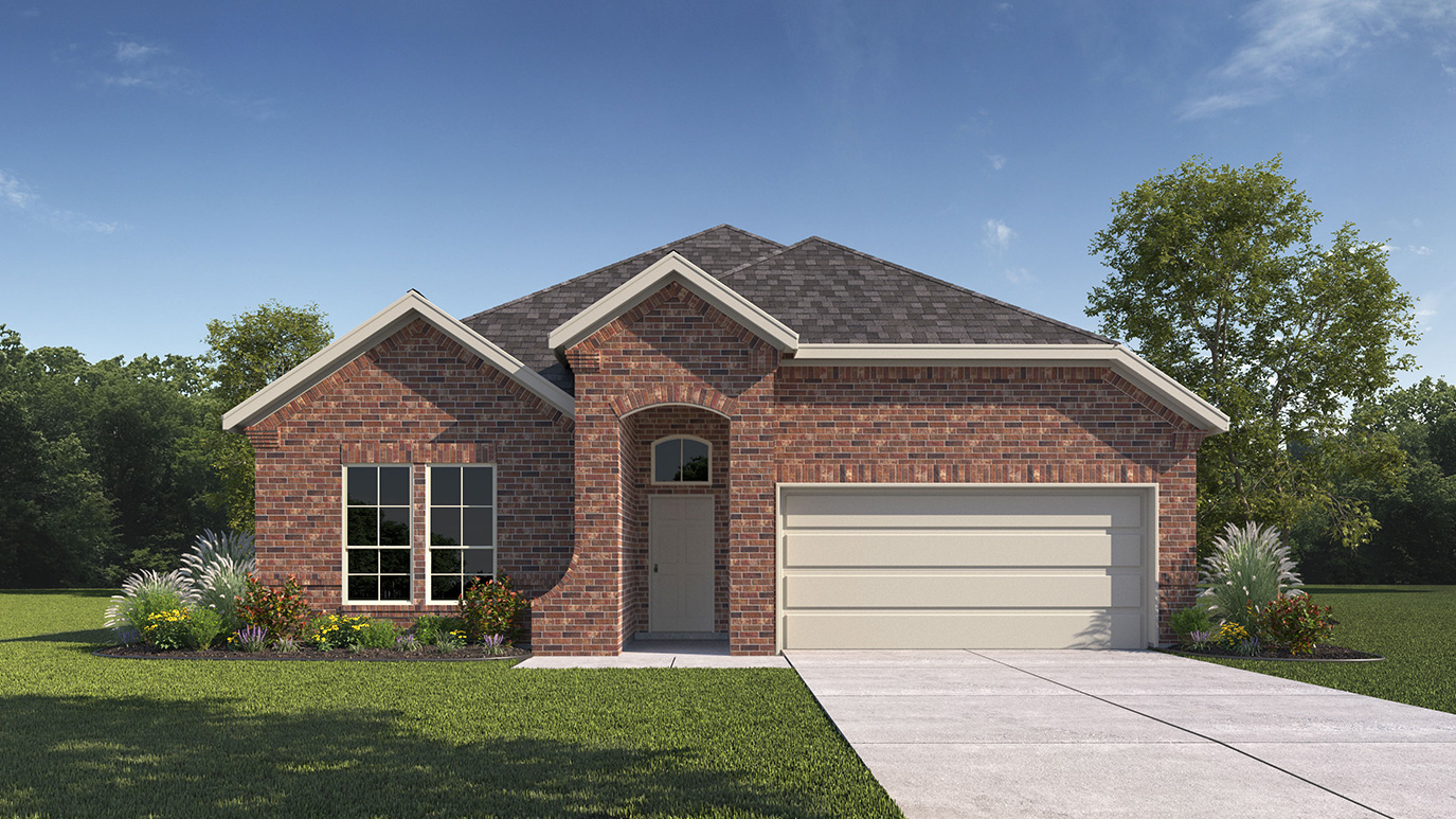 single story home rendering with 2 car garage