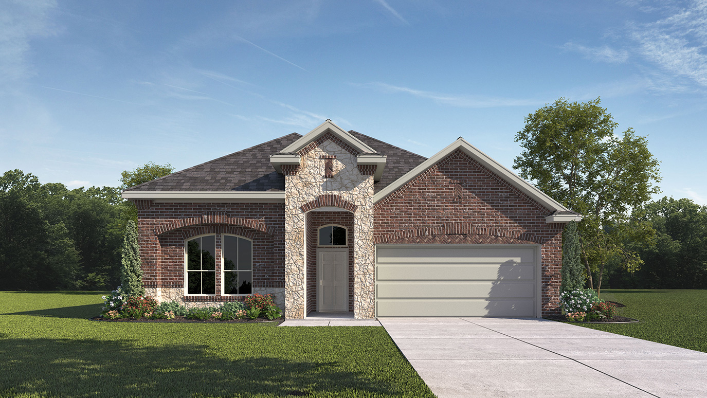 single story house rendering with 2 car garage