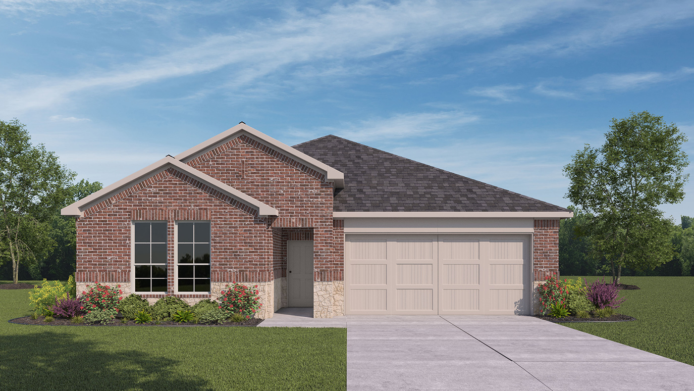 single story house rendering with 2 car garage