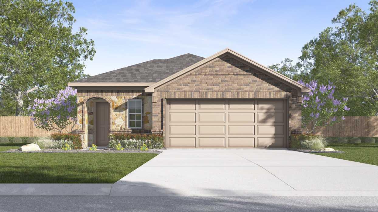 rendering of one story home with brick and stone exterior