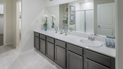 2232 primary bathroom with white countertops and dark cabinets