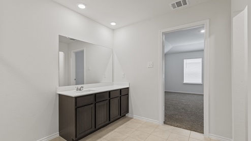 X30E primary bathroom with dark cabinets with tile
