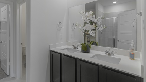Large primary bathroom with a vanity and standup shower